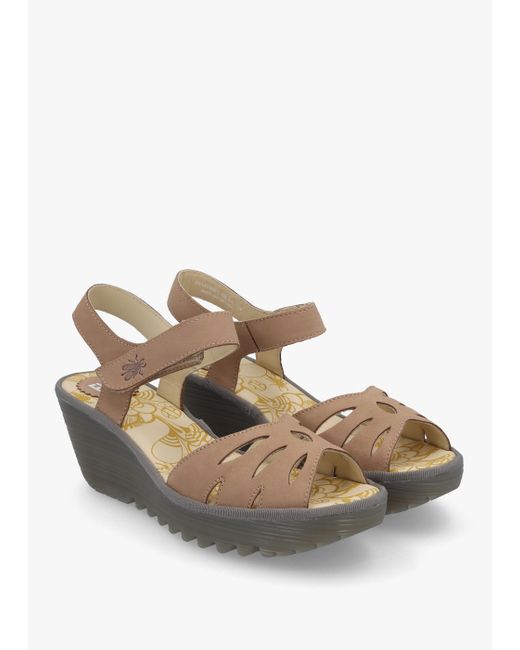 Fly London Multicolor Yazi Taupe Leather Wedge Sandals