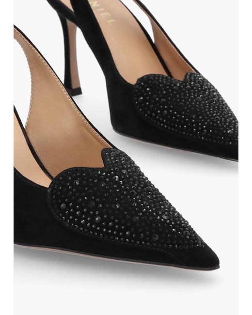 Daniel Elove Black Suede Crystal Heart Toe Cap Heeled Sling Backs