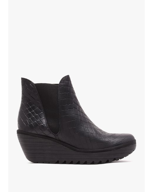 Fly London Yoss Black Leather Moc Croc Wedge Ankle Boots