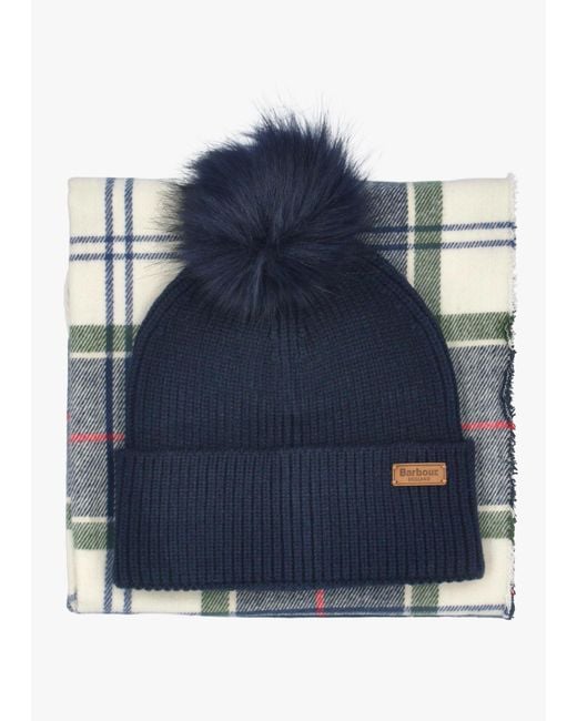 Barbour Blue Dover Light Evergreen Beanie & Hailes Scarf Gift Set