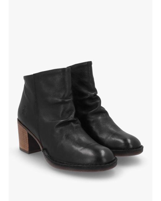 Fly London Bell Black Leather Block Heel Ankle Boots
