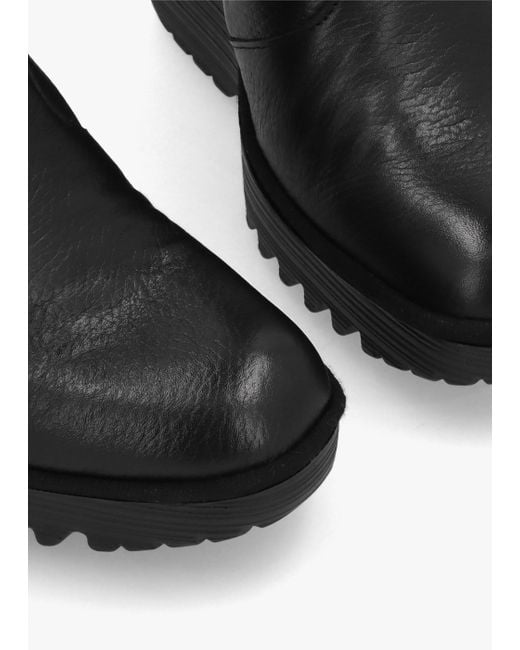 Fly London Dally Black Full Grain Leather High Wedge Ankle Boots