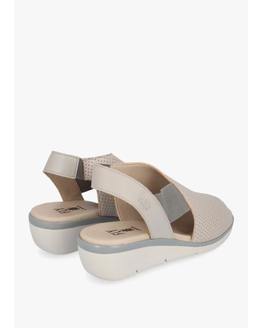 Fly London White Nisi Silver Perforated Leather Low Wedge Sandals
