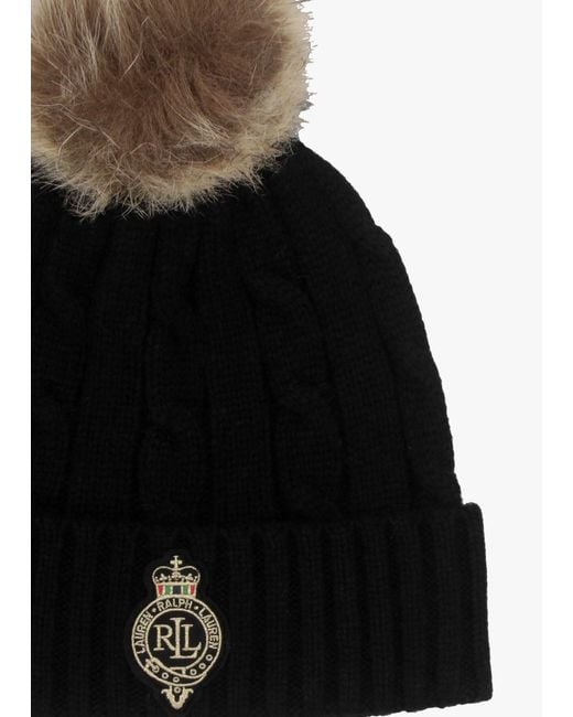 Ralph Lauren Black Cable-Patch Pom Pom Cable Knit Beanie Hat