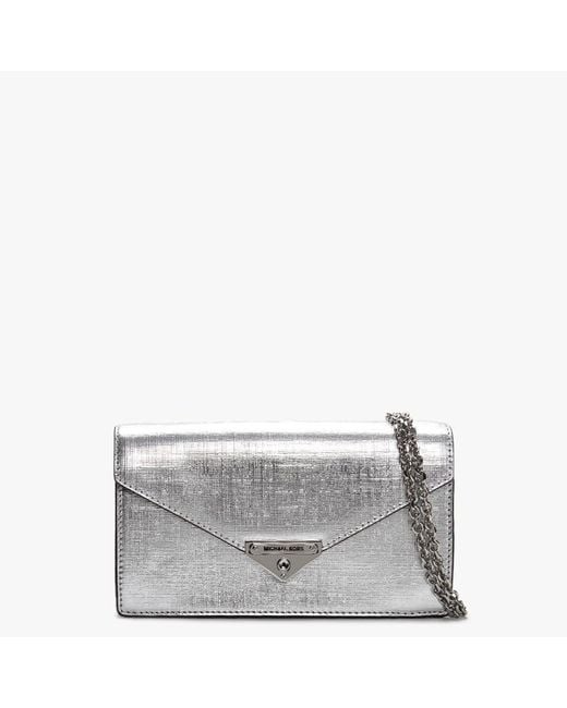 Michael Kors Metallic Grace Silver Leather Envelope Clutch Bag
