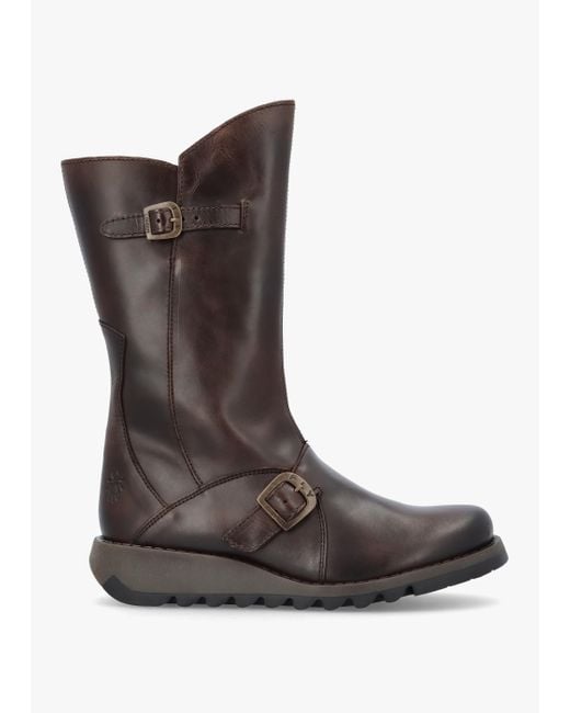 Fly London Mes Ii Dark Brown Leather Low Wedge Calf Boots