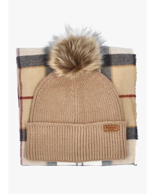 Barbour Natural Dover Hessian Tartan Beanie & Hailes Scarf Gift Set