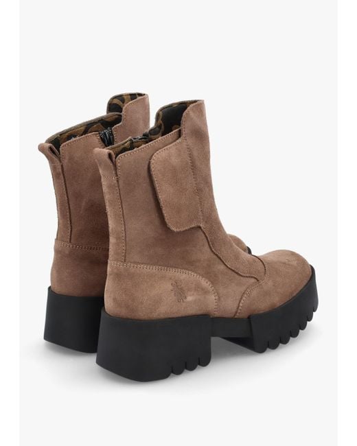 Fly London Brown Egli Taupe Suede Block Heel Chunky Ankle Boots