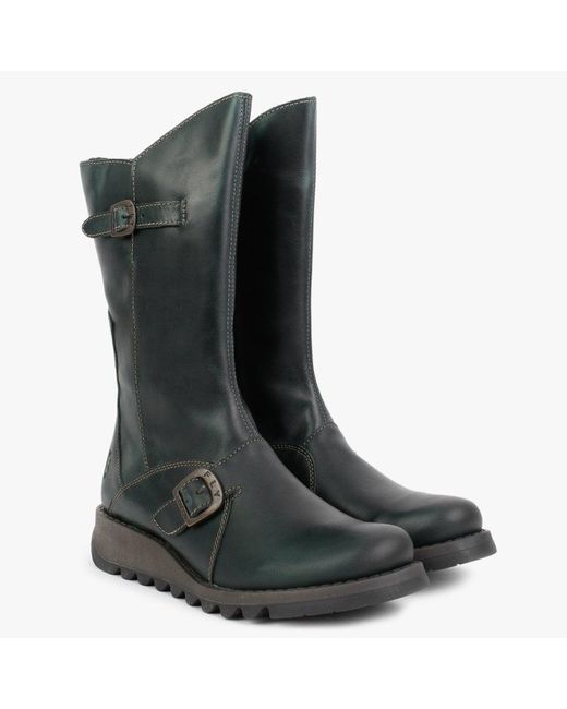 Petrol Leather Low Wedge Calf Boots 