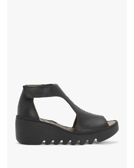 Fly London Bezo Black Leather Wedge Sandals