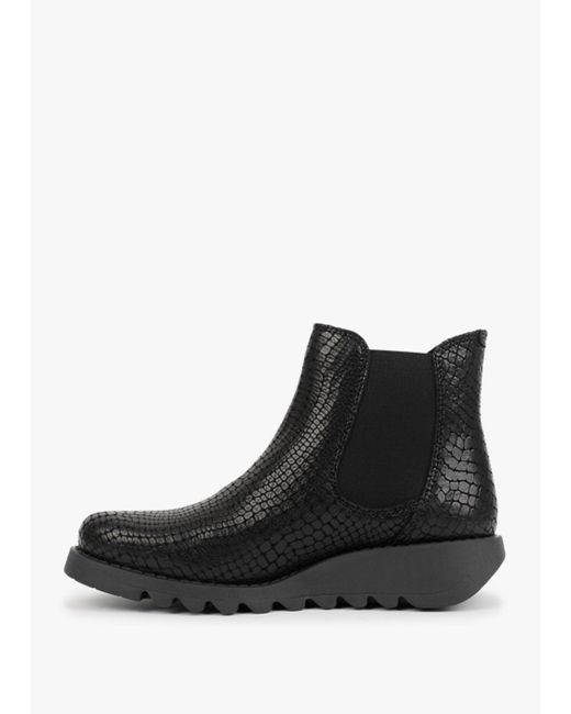 Fly London Salv Black Leather Moc Croc Wedge Chelsea Boots