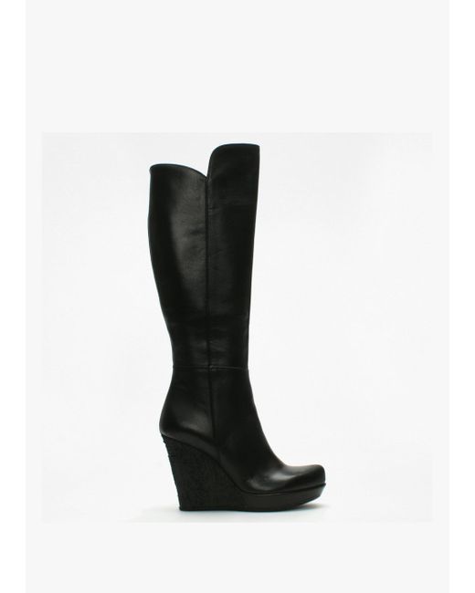 Daniel Wiser Black Leather Knee High Wedge Boots | Lyst UK