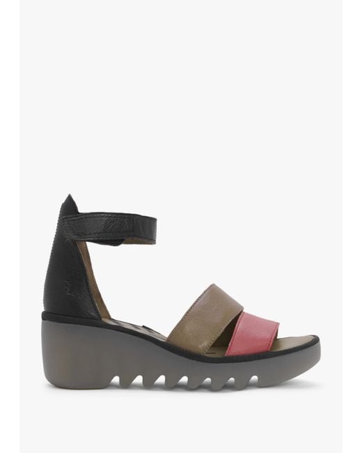 Fly London Bono Raspberry Ground Black Tumbled Leather Low Wedge Sandals