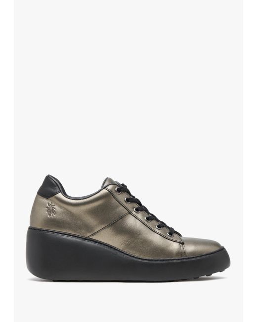 Fly London Brown Delf Graphite Leather Wedge Trainers