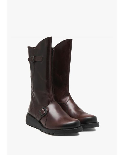 Fly London Brown Mes Ii Wine Leather Low Wedge Calf Boots