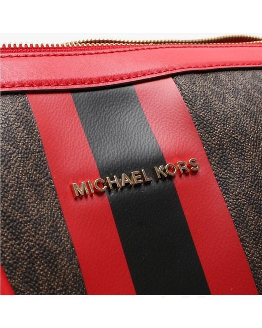 Michael Kors Large Bedford Travel Brown & Bright Red Logo Stripe Weekender  Bag | Lyst