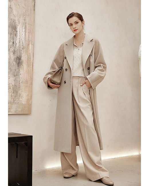 FLOUU Pink Beige Wool Cashmere Double Breasted Longline Coat