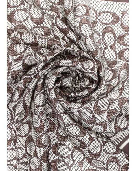 COACH Brown Textured Signature Print Maple Silk Scarf