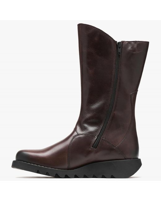 Fly London Mes Ii Wine Leather Low Wedge Calf Boots in Brown | Lyst