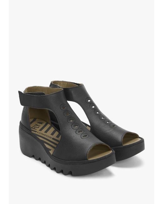 Fly London Bezo Black Leather Wedge Sandals