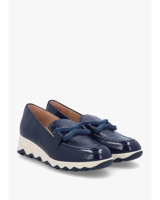 Wonders Blue Simon Patent Leather Low Wedge Loafers