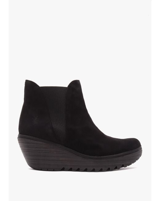 Fly London Yoss Black Suede Wedge Ankle Boots
