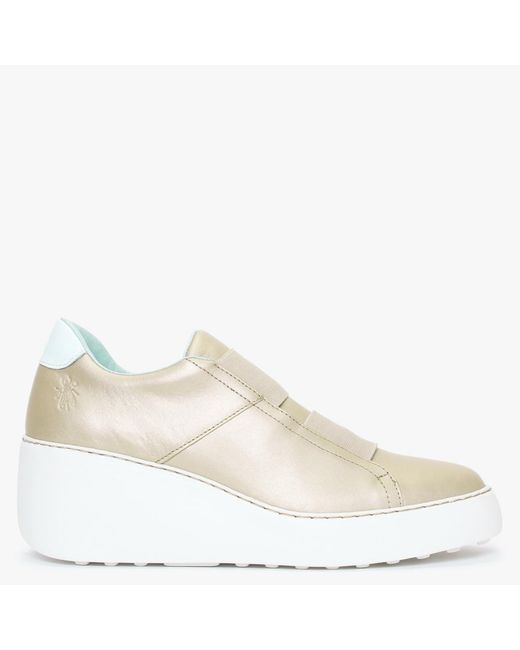 Fly London Dito Gold Leather Wedge Trainers in Natural | Lyst Canada