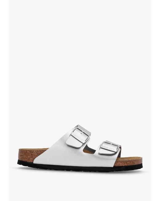 Birkenstock White Arizona Birko-flor Silver Two Bar Mules