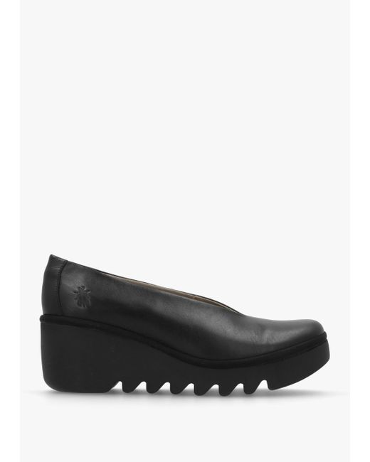 Fly London Beso Black Leather Wedge Court Shoes