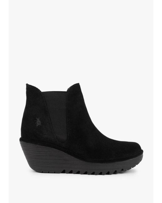 Fly London Woss Black Suede Wedge Ankle Boots