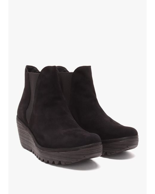 Fly London Yoss Black Suede Wedge Ankle Boots