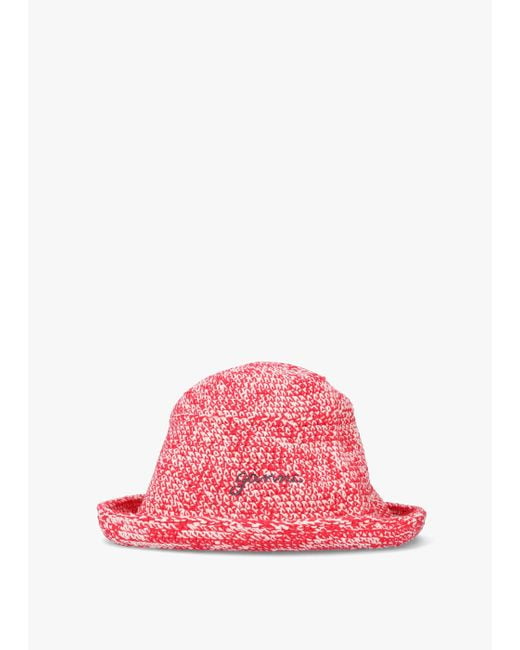 Ganni Pink Red Recycled Cotton Crochet Logo Bucket Hat