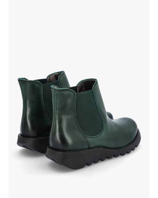 Fly London Green Salv Petrol Rug Leather Wedge Chelsea Boots