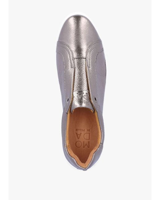 Moda In Pelle White Aneeba Pewter Metallic Leather Slip On Trainers