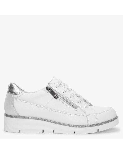 Moda In Pelle Genette White Leather Silver Trim Low Wedge Trainers