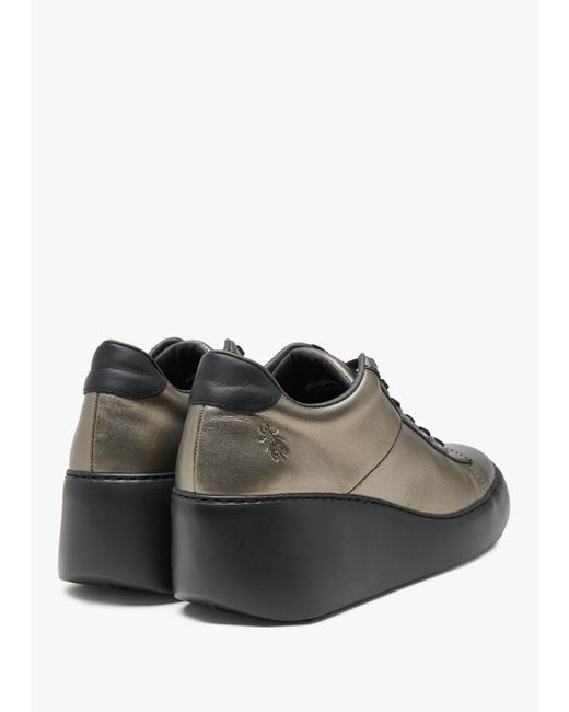 Fly London Brown Delf Graphite Leather Wedge Trainers