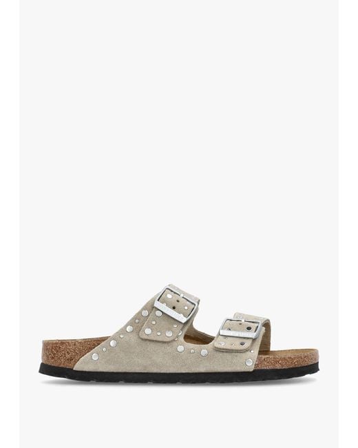 Birkenstock White Arizona Rivet Border Two Bar Mules