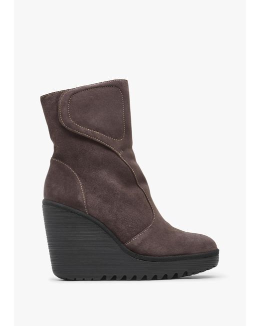 Fly London Brown Dally Anthracite Suede High Wedge Ankle Boots