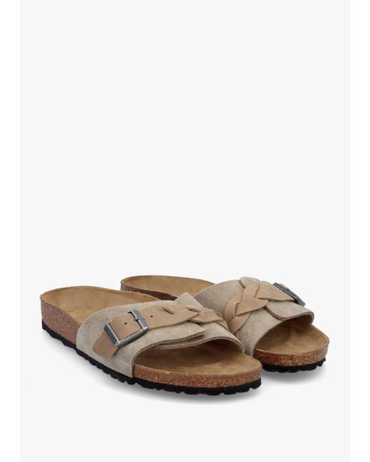 Birkenstock White Oita Braided Taupe Suede Leather Mules