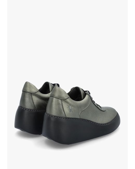 Fly London Green Dipo Graphite Leather Wedge Trainers