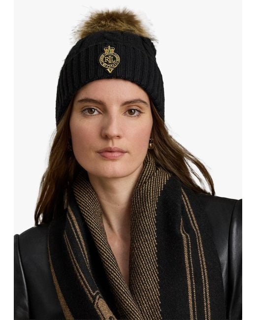 Ralph Lauren Black Cable-Patch Pom Pom Cable Knit Beanie Hat