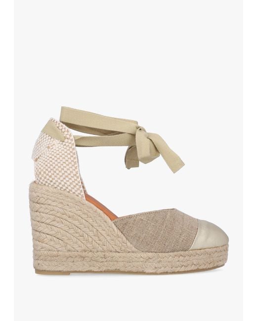 Daniel White Kendall Beige Textile Gold Leather Toe Cap Wedge Espadrilles