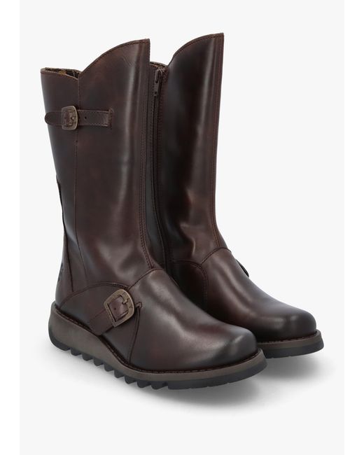 Fly London Mes Ii Dark Brown Leather Low Wedge Calf Boots