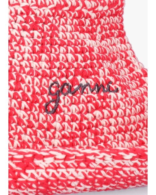 Ganni Pink Red Recycled Cotton Crochet Logo Bucket Hat