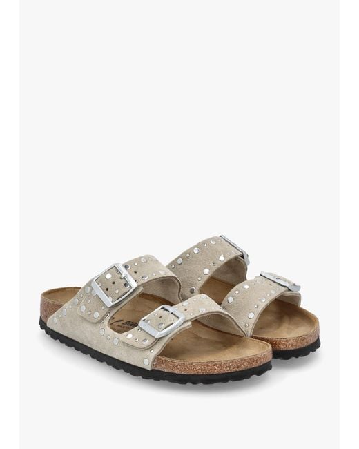 Birkenstock White Arizona Rivet Border Two Bar Mules
