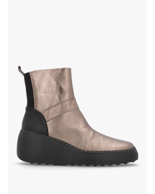 Fly London Brown Doxe Dark Gold Leather Wedge Boots