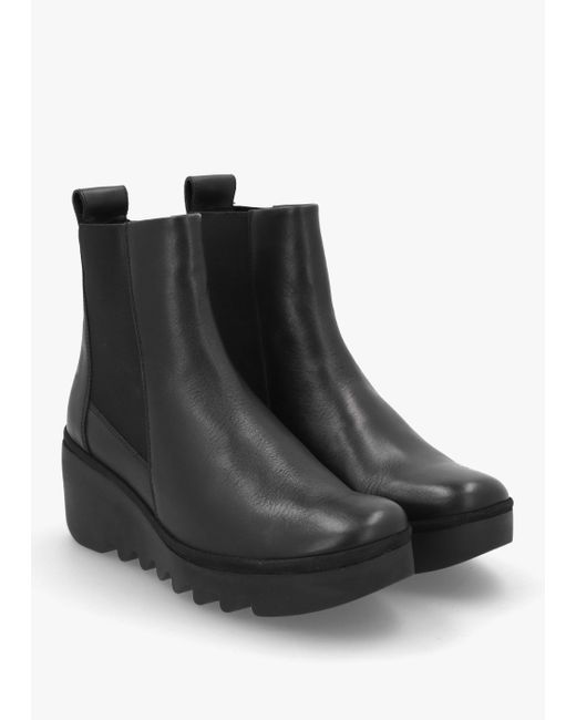 Fly London Bagu Black Leather Wedge Chelsea Boots