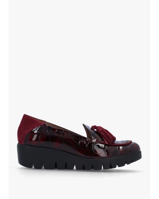 Wonders Multicolor Simone Burgundy Patent Moc Croc Low Wedge Moccasins