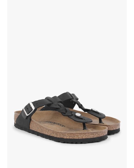 Birkenstock White Gizeh Braided Regular Black Oiled Leather Toe Post Sandals