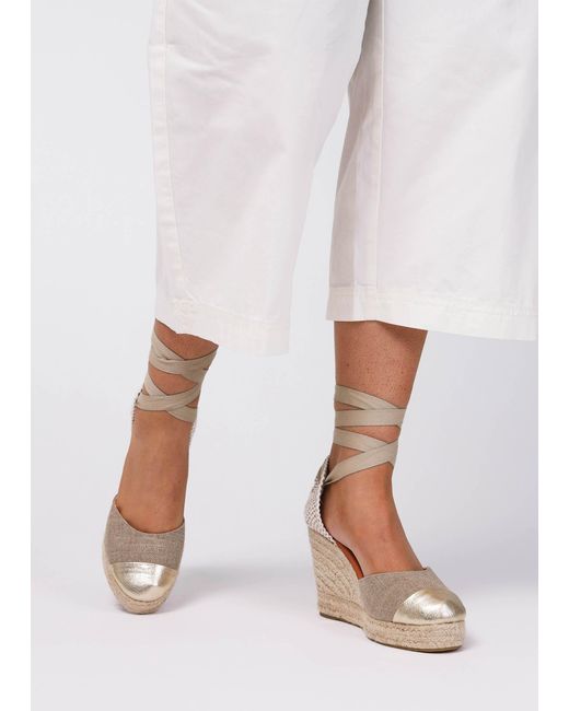 Daniel White Kendall Beige Textile Gold Leather Toe Cap Wedge Espadrilles
